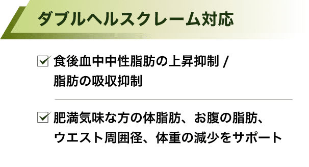 ダブルヘルスクレーム対応・7食後血中中性脂肪の上昇抑制/脂肪の吸収抑制・肥満気味な方の体脂肪、お腹の脂肪、ウエスト周囲径、体重の減少をサポート